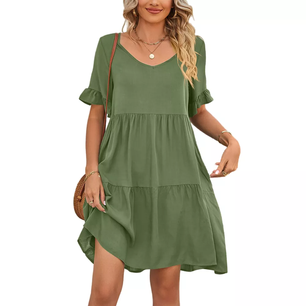 Casual V-neck Ruffled Lace Sleeve Mini Dress