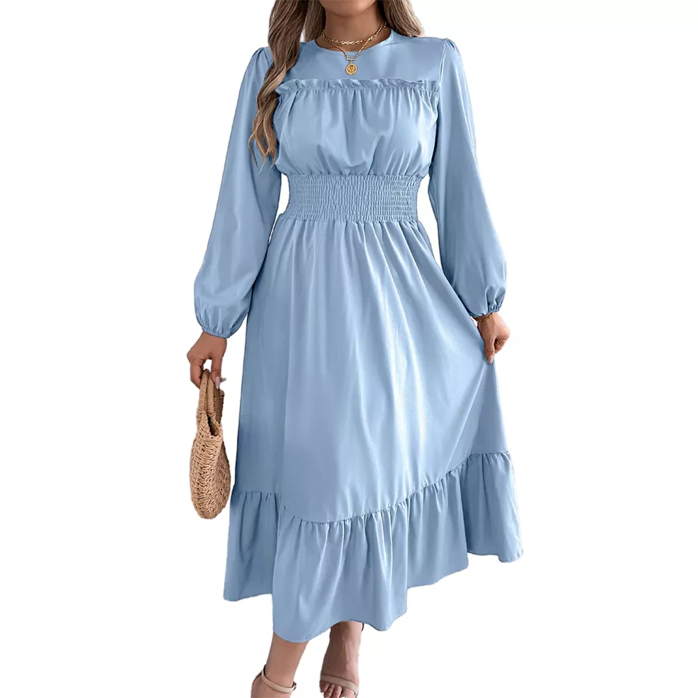 Elegant Ruffle Hem Waist-Tied Pleated Maxi Dress